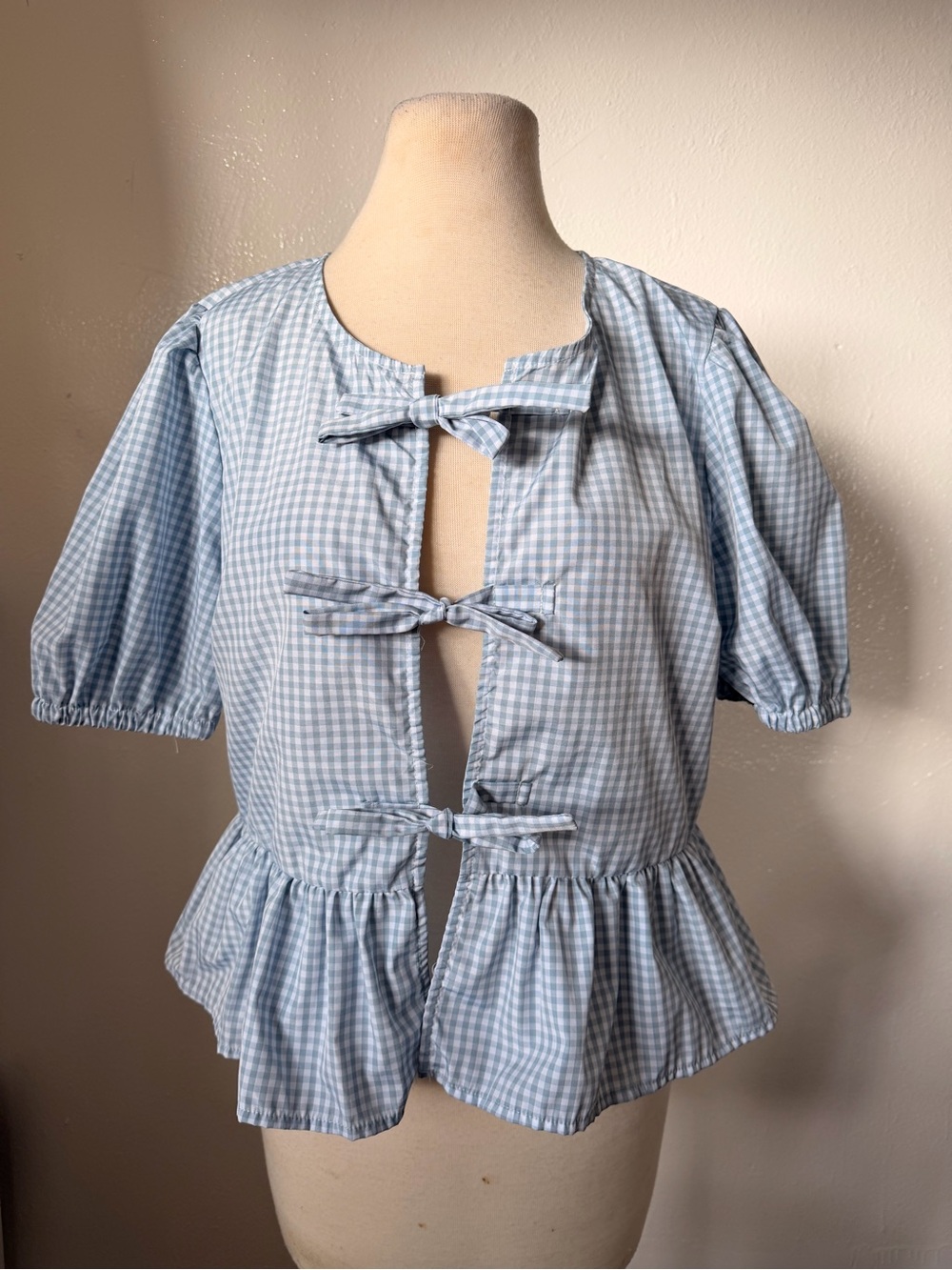 Liberty Love Light Blue Gingham Tie-Front Peplum Blouse